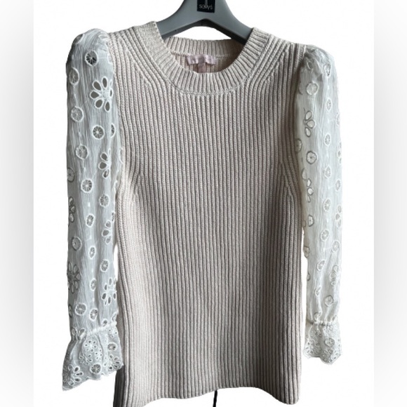 Rebecca Taylor Cream Ribbed Cotton & Silk W/Eyelet Puff Sleeve Sweater - Picture 4 of 10